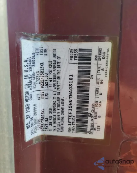 1996 Ford F150 из США, поврежденный, VIN 1FTEF15N0TNA03101